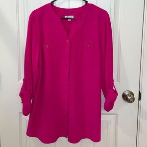 Denim & Co Hot Pink Button up w/Gold Button detail - L